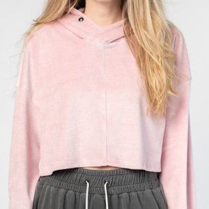 DANIEL PATRICK Crop Velour Varsity Hoodie in Pink